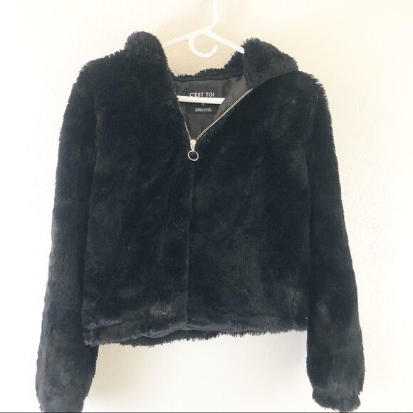 C’est Toi Faux Fur ZIP Up Hoodie black Jacket S - Picture 1 of 4